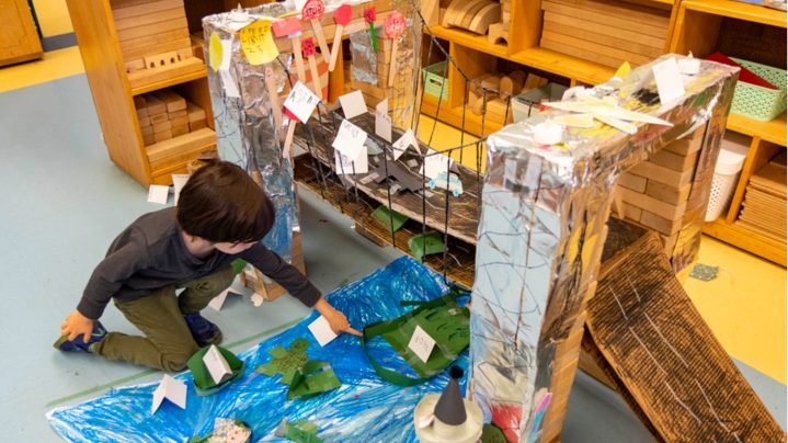 In kindergarten, students build a model of the George Washington Bridge as part of their study of the Hudson River. 
