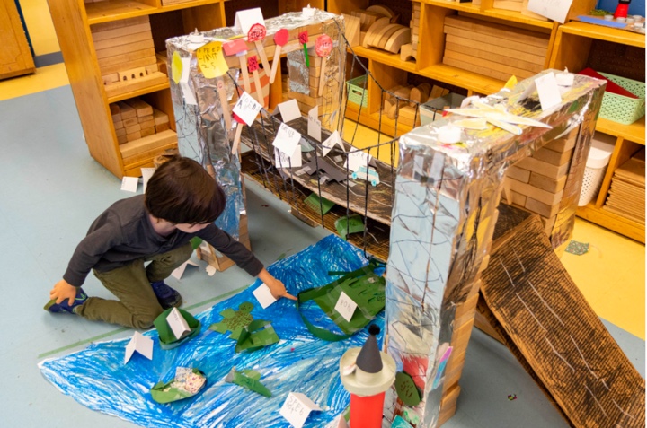 In kindergarten, students build a model of the George Washington Bridge as part of their study of the Hudson River.
