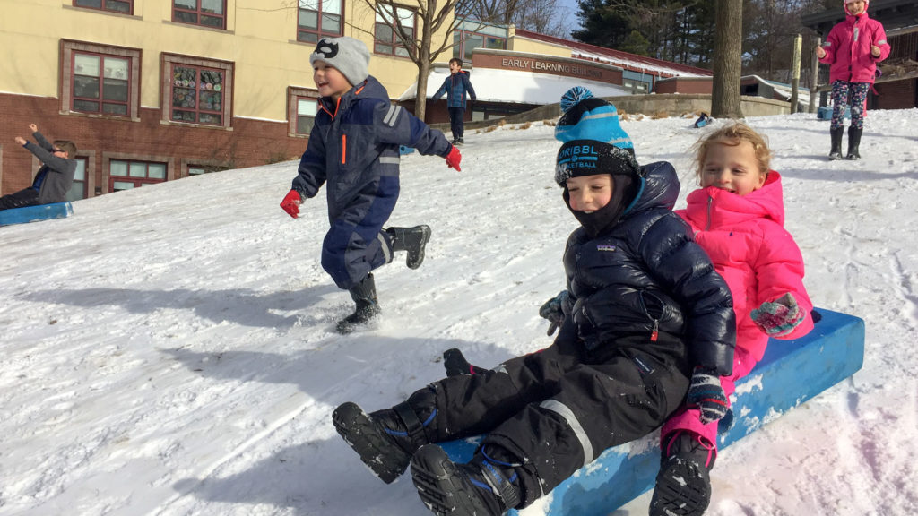 The Imagination Playground blocks make good sleds for sliding down the Lower School hill.