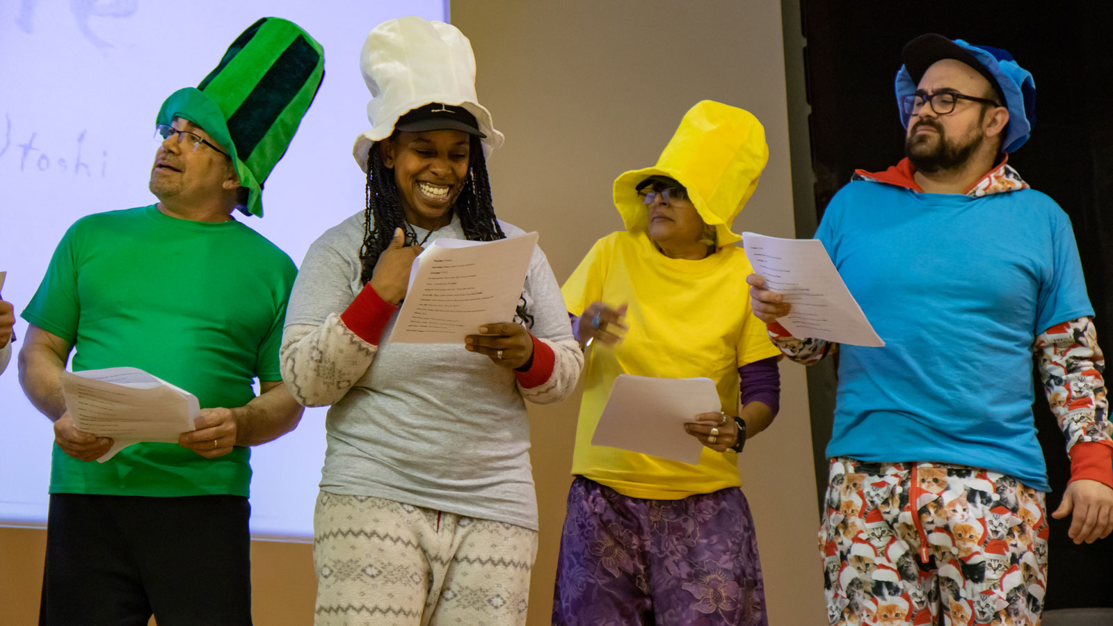 The Lower School faculty performs a skit about getting along with others. 