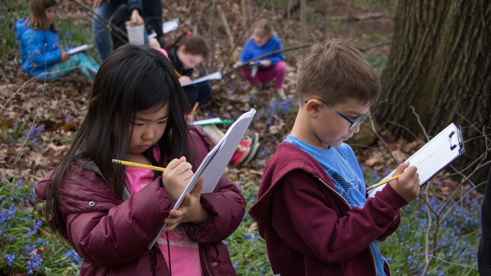 First graders record their observations in Wave Hill.