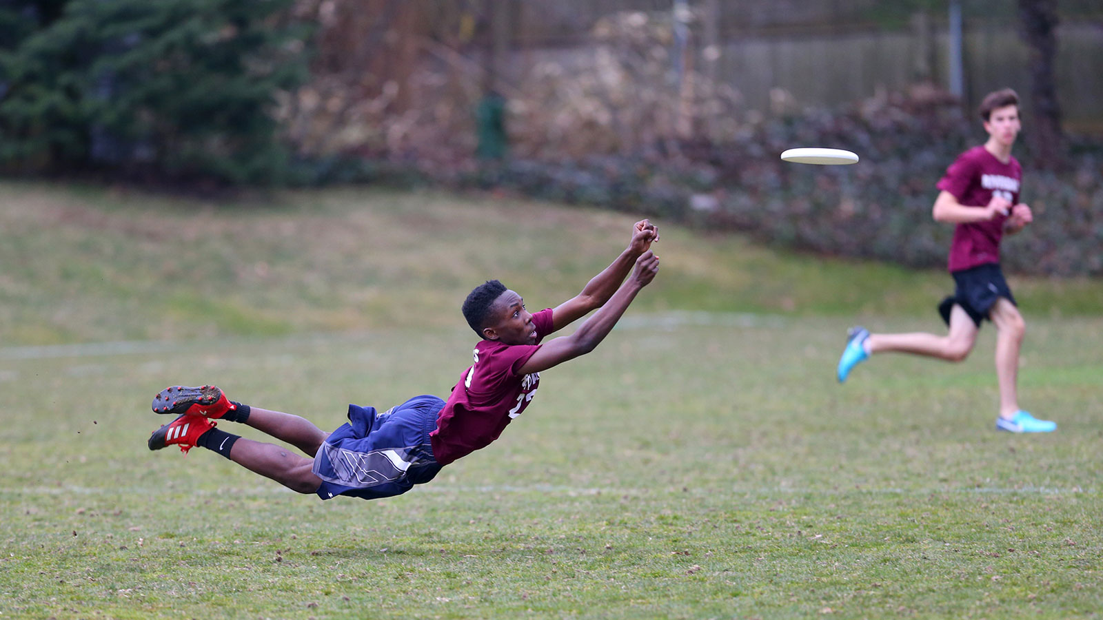 Player leaps for the Frisbee in an Ultimate Frisbee game.
