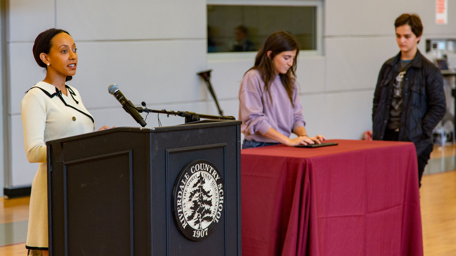 Haben Girma, a deaf-blind lawyer and advocate for people with disabilities, spoke at an Upper School assembly and took questions from students using a device that converts text messages to Braille.
