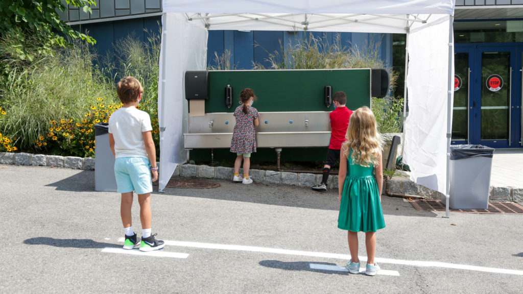 Outdoor sinks located outside the Upper Learning Building.